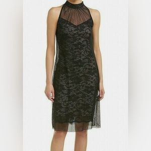NEW Alton Gray High Neck Sleeveless Dress Layered Lace Overlay Black Beige 10